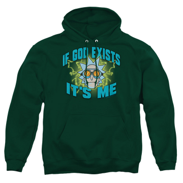 Hunter green pullover hoodie with Rick and Morty If God Exists graphic