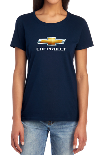 Navy women's t-shirt with Chevrolet Chevy Bowtie Stacked graphic