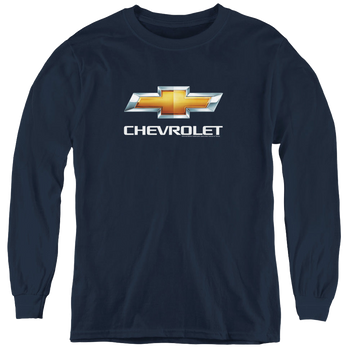Navy youth long sleeve t-shirt with Chevrolet Chevy Bowtie Stacked graphic