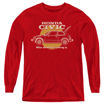 Red youth long sleeve t-shirt with Honda Civic Coming World graphic