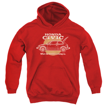 Red youth hoodie for ages 8 to 12 with Honda Civic Coming World graphic