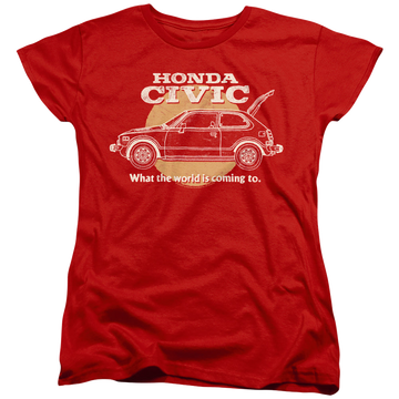 Red women's t-shirt with Honda Civic Coming World graphic