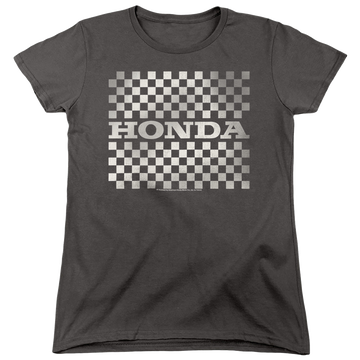 Charcoal women's t-shirt with Honda Checkers Logo graphic