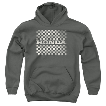 Charcoal youth hoodie for ages 8 to 12 with Honda Checkers Logo graphic
