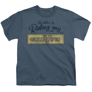 Slate youth t-shirt for ages 8 to 12 with Honda Rather Be Riding My Gold Wing graphic