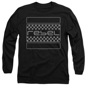 Black men's long sleeve t-shirt with Honda Rebel Checkers Grey graphic