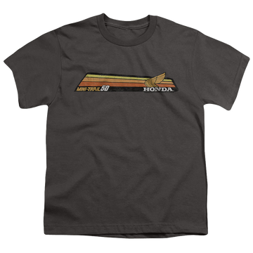 Charcoal youth t-shirt for ages 8 to 12 with Honda Mini-Trail 50 Stripe graphic