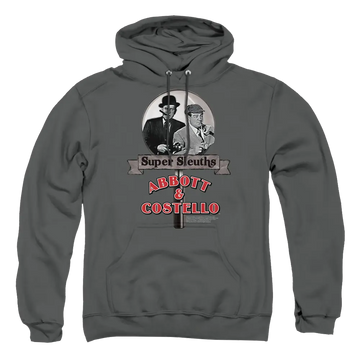 Charcoal pullover hoodie with Abbott and Costello Super Sleuths graphic and red text on front.
