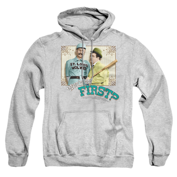 Athletic heather pullover hoodie with Abbott and Costello Whos On First graphic