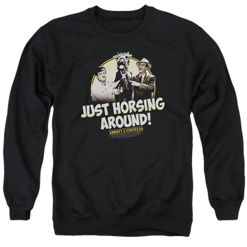 Black crewneck sweatshirt with vintage Abbott and Costello graphic and "Just Horsing Around!" text.