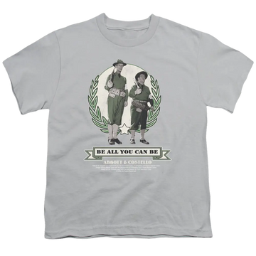 Youth silver T-shirt featuring Abbott and Costello vintage duo in green laurel wreath with "Be All You Can Be" text.