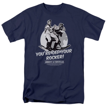 Navy blue men's t-shirt with Abbott and Costello graphic and "You're Off Your Rocker!" text.