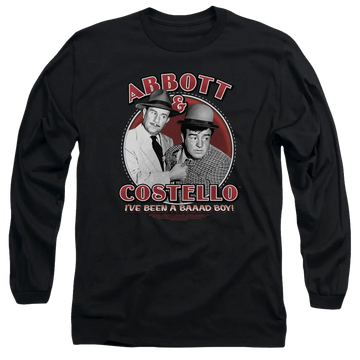 Black men's long sleeve T-shirt with red and white Abbott & Costello graphic and "I've Been A Baad Boy" text.