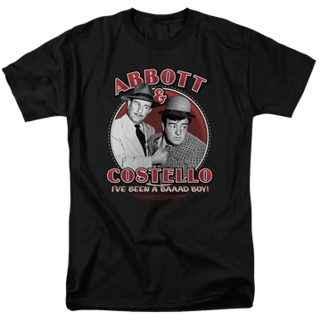 Black men's t-shirt with Abbott and Costello graphic and "I've Been a Bad Boy" text in red and white.
