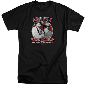 Black men's tall fit t-shirt featuring red and white Abbott and Costello graphic with vintage portrait and text.