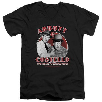 Black men's V-neck t-shirt with vintage Abbott and Costello graphic and red text "I've Been a Bad Boy".