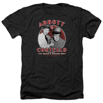 Charcoal men's heather t-shirt featuring vintage Abbott and Costello graphic with "I've Been a Bad Boy" text.