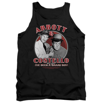 Black men's tank top featuring vintage black-and-white photo of Abbott and Costello with red and white text "Abbott &.