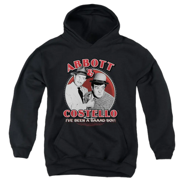 Black youth hoodie featuring Abbott and Costello graphic with "I've Been a Bad Boy" text in red and white.