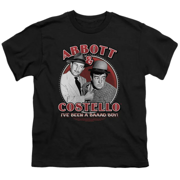 Black youth T-shirt featuring Abbott and Costello graphic with red circle and text "I've Been a Bad Boy!".