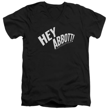 Black men's V-neck T-shirt with white "HEY ABBOTT!" text across the chest.