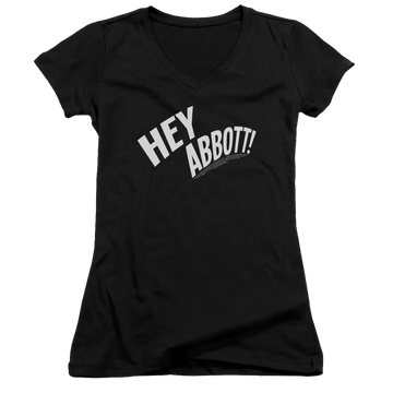 Black juniors V-neck t-shirt with white "Hey Abbott!" text on front.