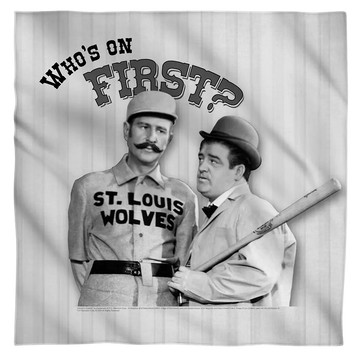 Black and white bandana featuring Abbott & Costello with "Who's on First?" text and St. Louis Wolves baseball theme.