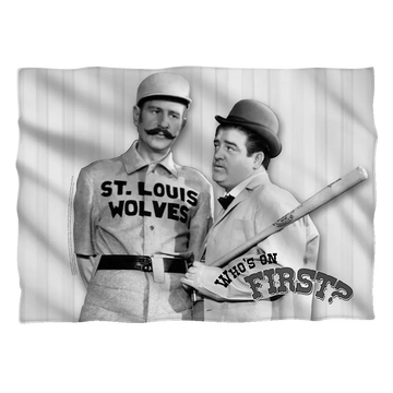 Black and white pillowcase featuring Abbott & Costello in vintage baseball uniforms with "St.