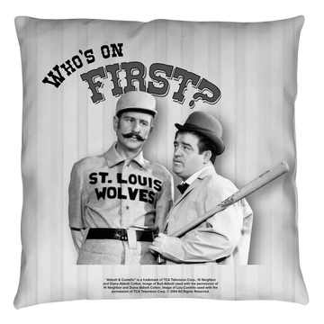 Black and white Abbott and Costello throw pillow with vintage photo and "Who's on First?" text.