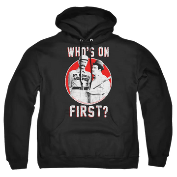 Black pullover hoodie with Abbott and Costello graphic and "Who's On First?" text.