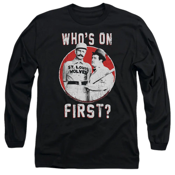 Black long sleeve t-shirt with vintage Abbott and Costello "Who's On First?" graphic and red circle background.