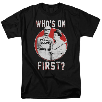 Black men's regular fit t-shirt with vintage Abbott and Costello "Who's on First?" graphic in white and red.