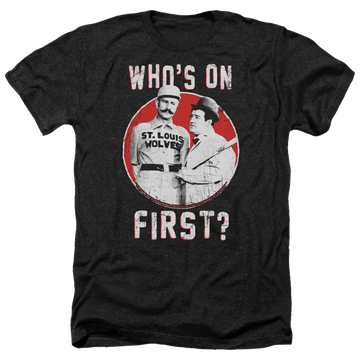 Charcoal men's heather t-shirt with vintage Abbott and Costello "Who's On First?" graphic in red and white.