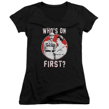 Black juniors v-neck t-shirt with Abbott and Costello cartoon and "Who's on First?" text.