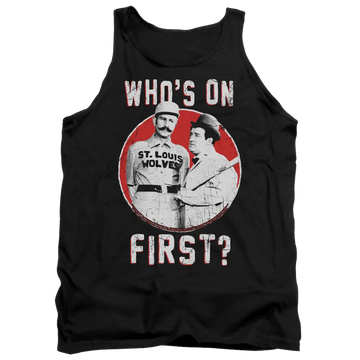 Black men's tank top with vintage-style Abbott and Costello baseball graphic and "Who's On First?" text.