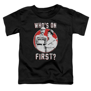 Black toddler t-shirt with vintage Abbott and Costello comic graphic and text "Who's on First?".