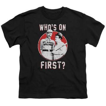 Black youth t-shirt with vintage Abbott and Costello "Who's On First?" graphic and white text.