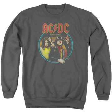Charcoal crewneck sweatshirt with vintage AC/DC band photo and red-yellow logo on front.