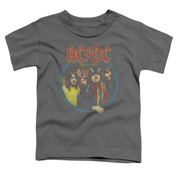 Charcoal toddler t-shirt with vintage AC/DC Highway To Hell band graphic and red logo text.