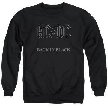 Black crewneck sweatshirt with grey AC/DC logo and "BACK IN BLACK" text on front.