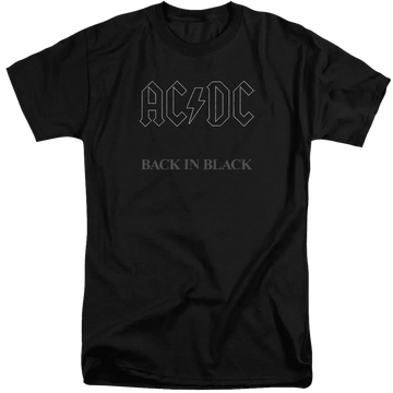 Black men's tall fit t-shirt with subtle AC/DC logo and "Back In Black" text on front.