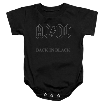 Black baby bodysuit with gray AC/DC logo and "Back In Black" text on front, snap closures at bottom.