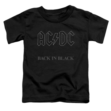Black toddler t-shirt with gray AC/DC logo and "Back In Black" text on the front.
