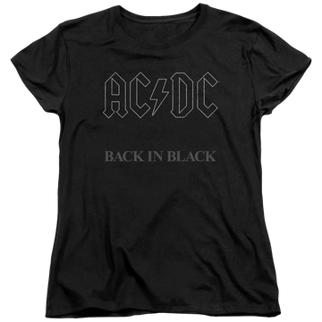 Black women's t-shirt with AC/DC logo and "Back In Black" text in gray on front.