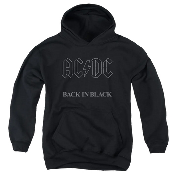 Black youth hoodie with AC/DC logo and "Back In Black" text on front, kangaroo pocket.