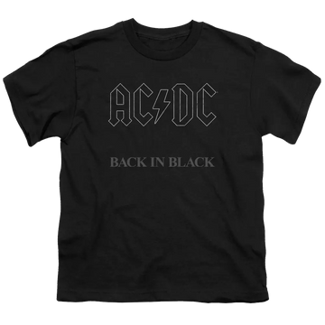 Black youth t-shirt with AC/DC logo and "Back In Black" text in gray on front.