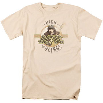 Cream men's regular fit T-shirt with AC/DC High Voltage graphic and vintage band logo.
