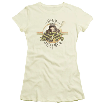 Cream juniors fitted t-shirt with vintage AC/DC High Voltage graphic and band members illustration.