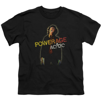 Black youth t-shirt for ages 8 to 12 with AC/DC Powerage graphic