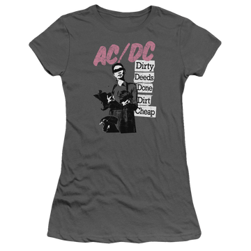 Charcoal juniors t-shirt with AC/DC Dirty Deeds graphic